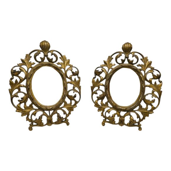 VTG Pair Virginia Metalcrafters Oval Brass Picture Frames Ornate Victorian 11
